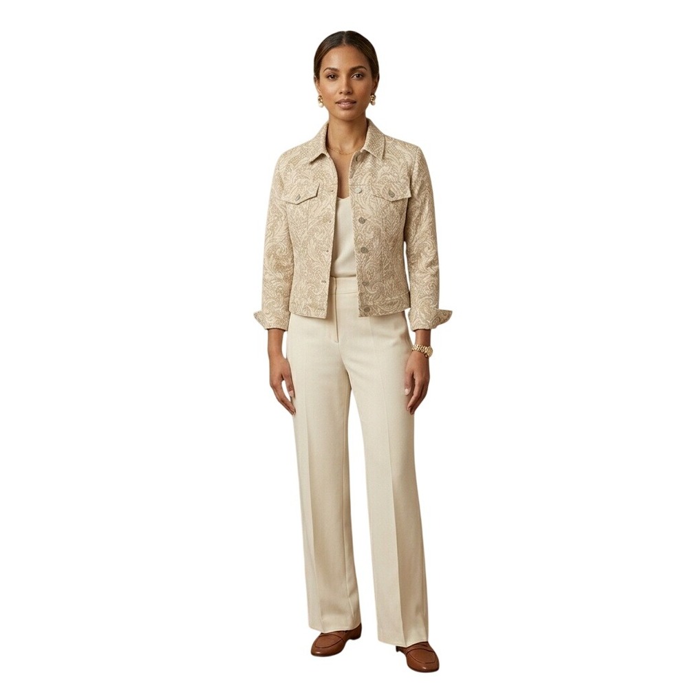 Bill‎ Blass Jeans Beige Baroque Damask Button-Up Jacket - Elegant Cotton Blend M